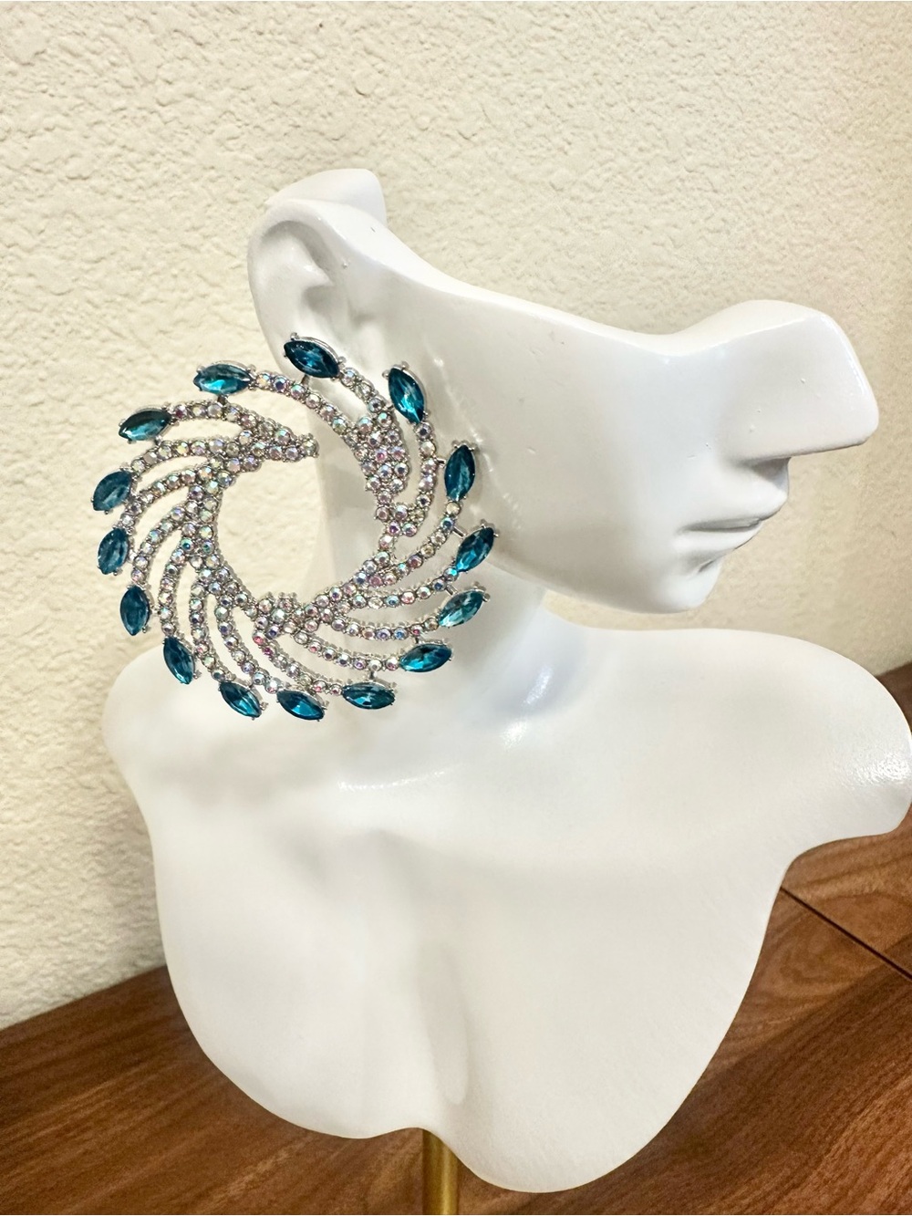 Silver-Tone Teal Crystal Swirl Statement Earrings